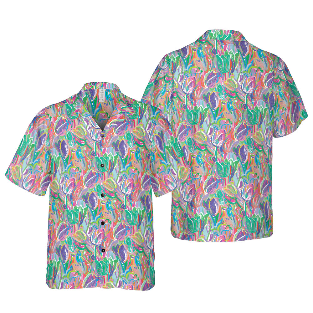 Colorful Sketched Tulips Button Up Shirt