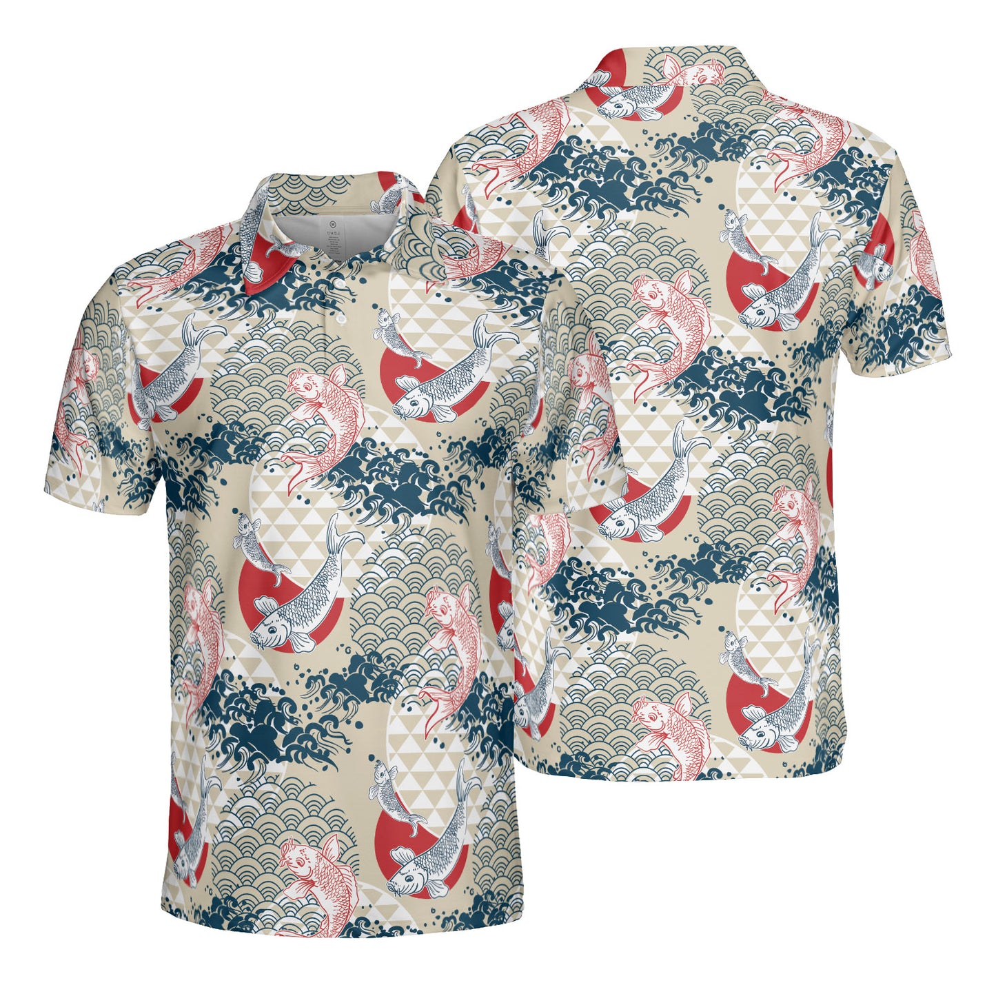 Cream Koi Fish & Asian Waves Polo Shirt