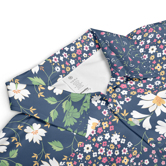 Navy Blue Floral Patchwork Polo Shirt