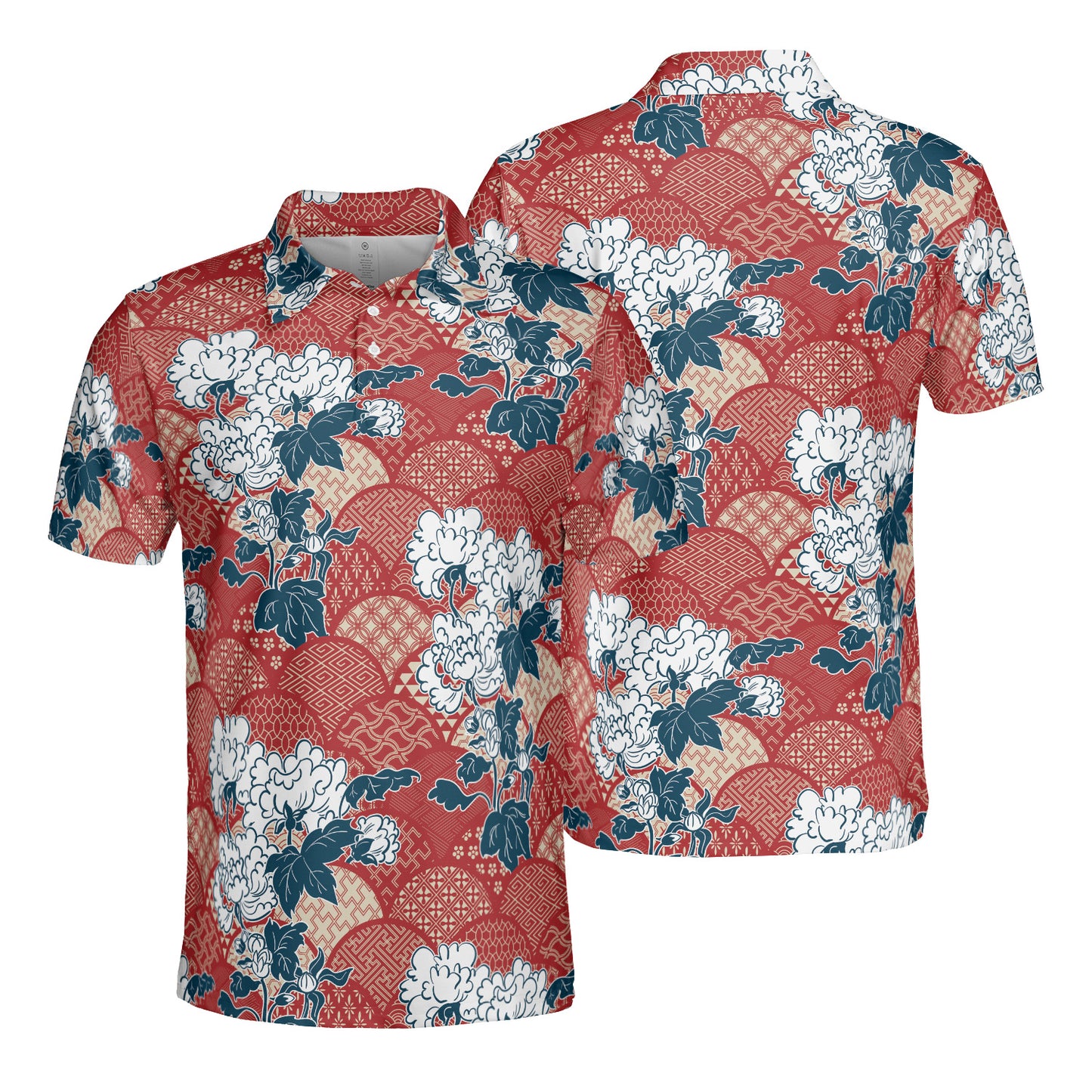 Red Kimono & White Flowers Polo Shirt