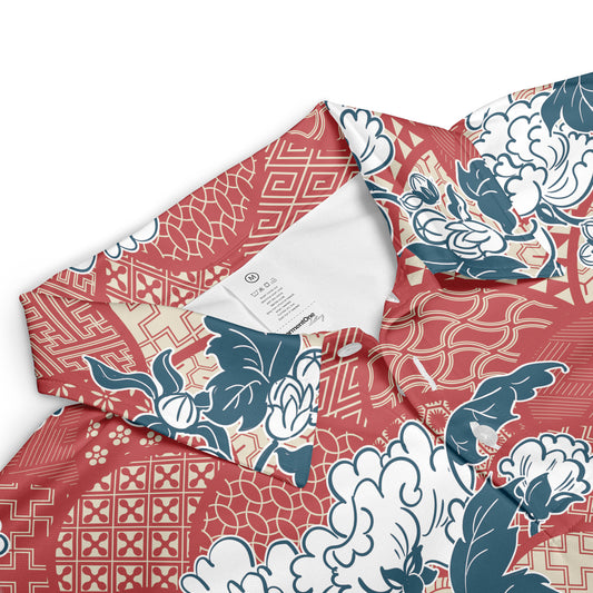 Red Kimono & White Flowers Polo Shirt