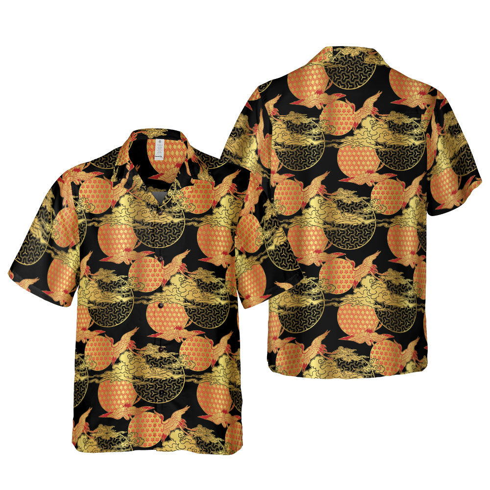 Red & Gold Cranes & Asian Sky Button Up Shirt