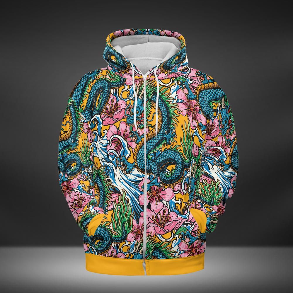 Sakura Flowers And Dragons Premium Unisex Zip Hoodie