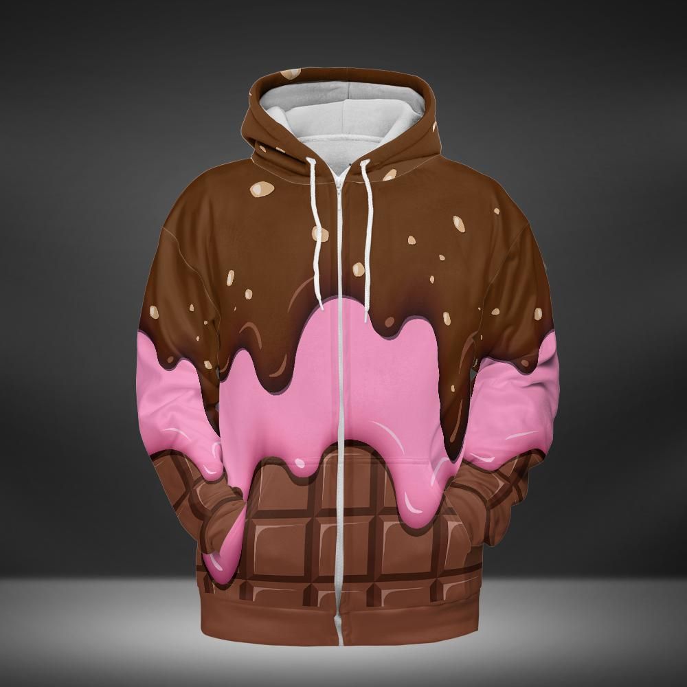 Chocolate With Peanut Ice Cream & Strawberry Ice Cream On A Chocolate Bar Premium Unisex Zip Hoodie