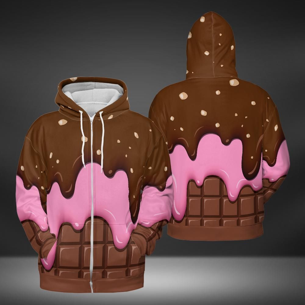 Chocolate With Peanut Ice Cream & Strawberry Ice Cream On A Chocolate Bar Premium Unisex Zip Hoodie