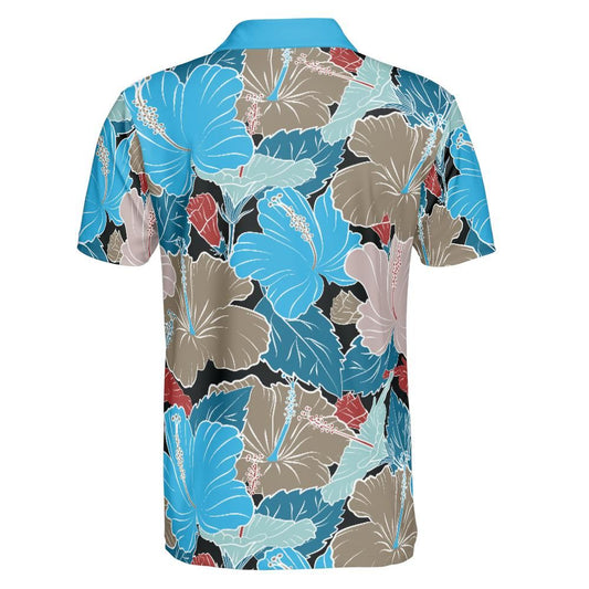 Blue & Grey Hibiscus Flowers Polo Shirt