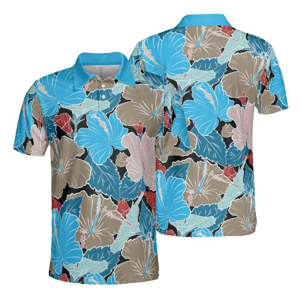 Blue & Grey Hibiscus Flowers Polo Shirt