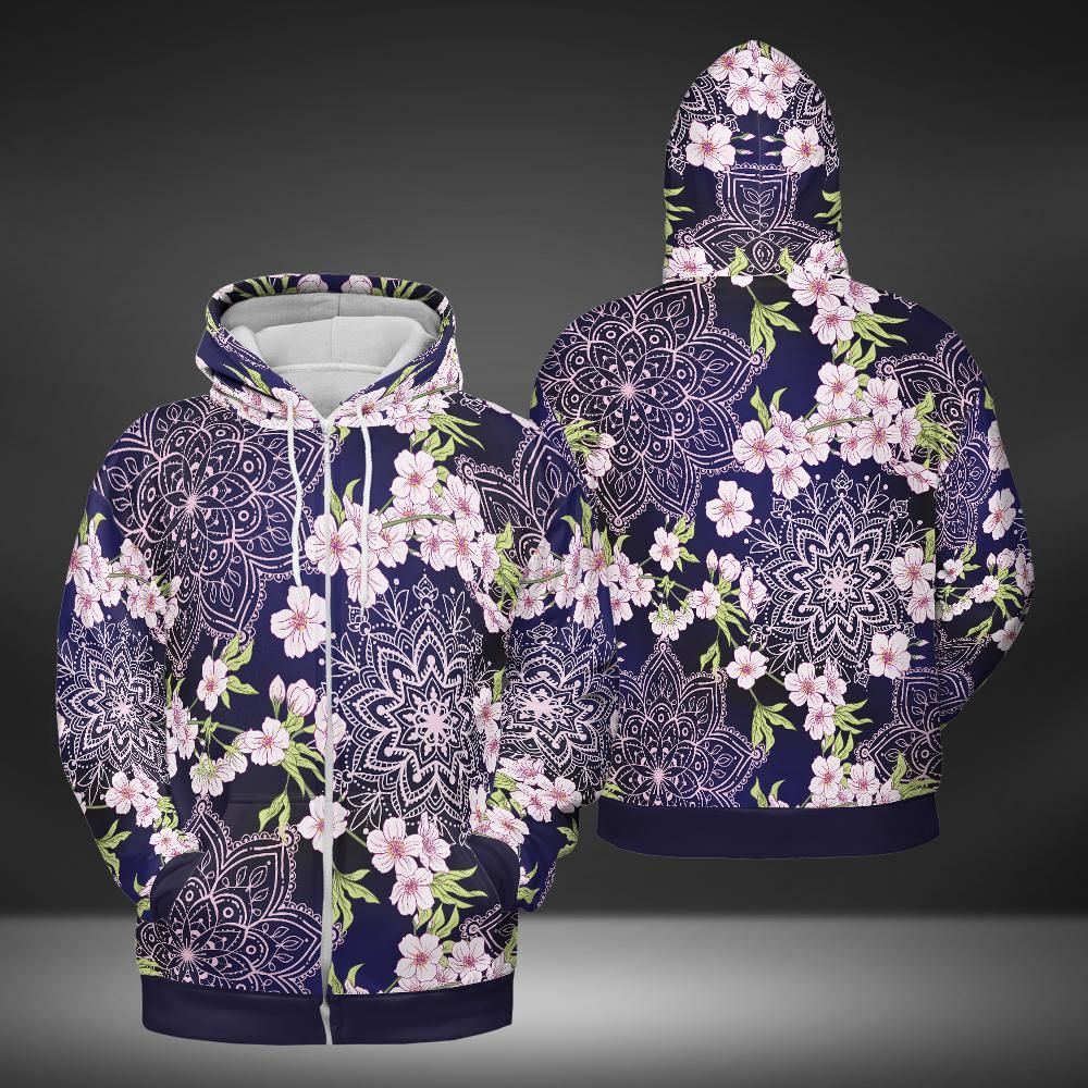 Cherry Blossoms And Mandalas Premium Unisex Zip Hoodie