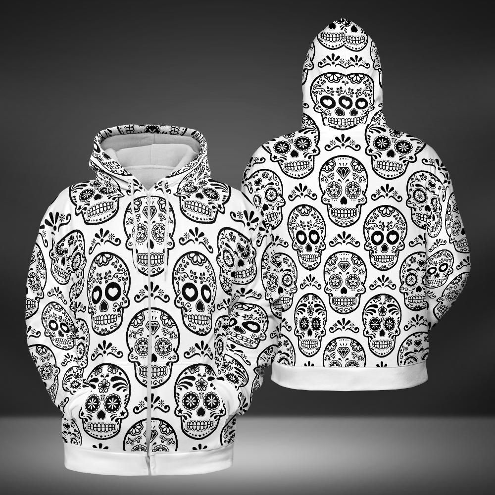 White & Black Calavera Premium Unisex Zip Hoodie