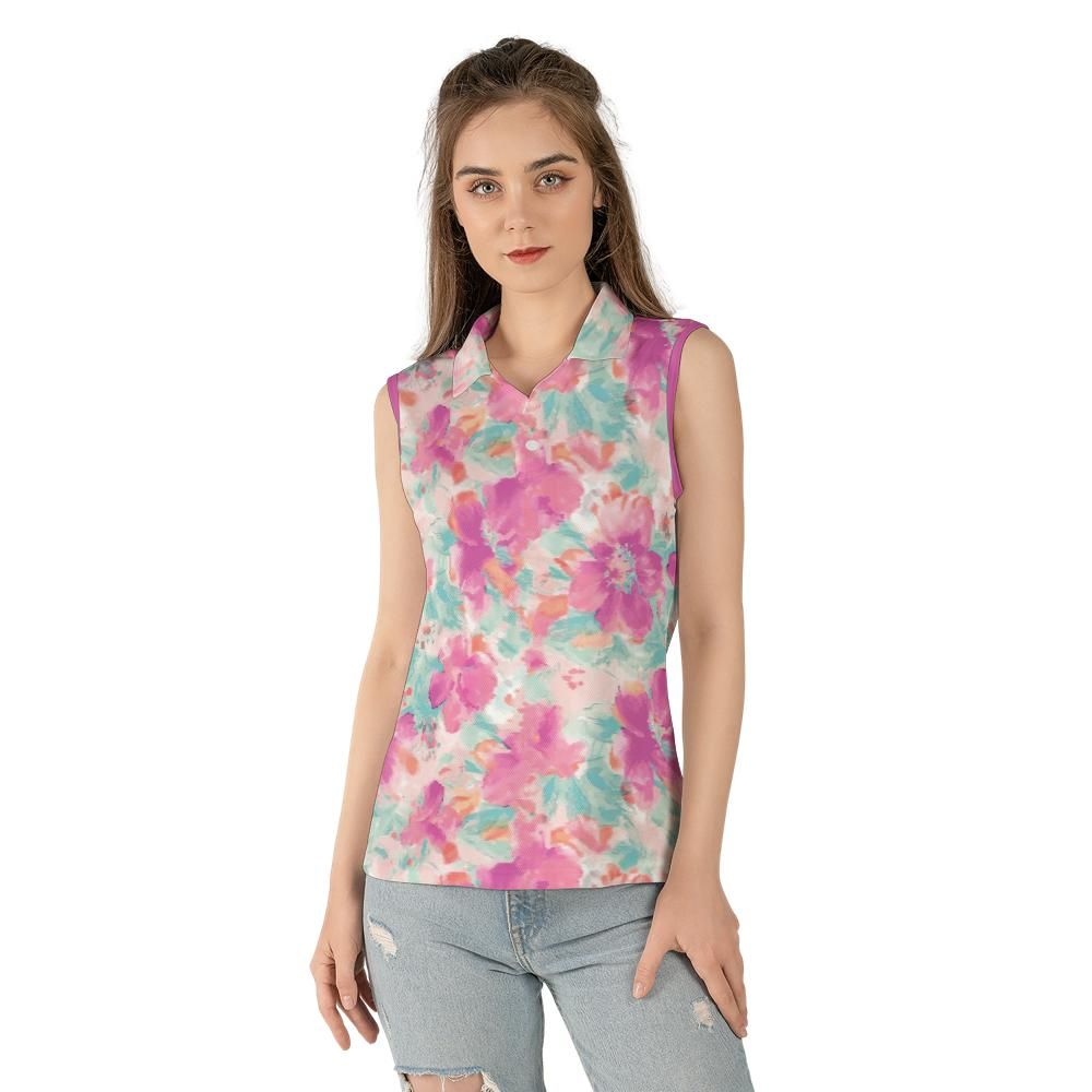 Watercolor Flowers Women's Sleeveless Polo Shirt
