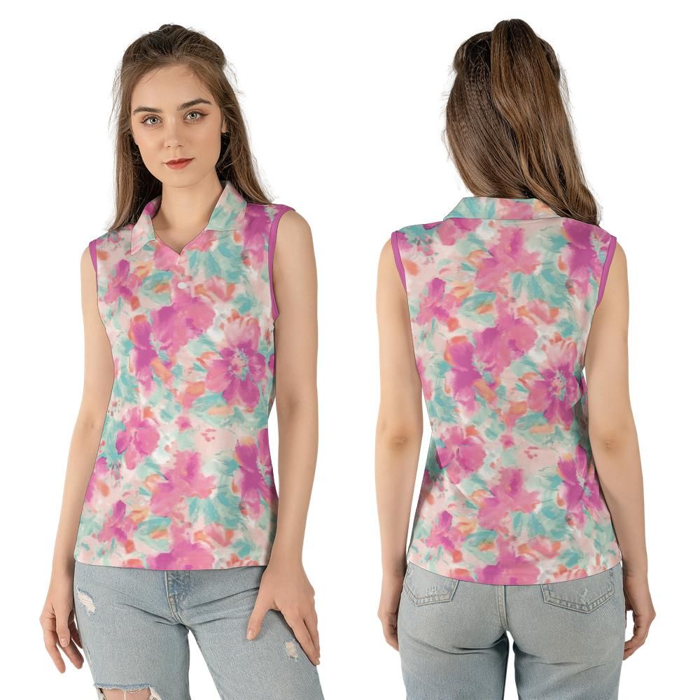 Watercolor Flowers Women's Sleeveless Polo Shirt
