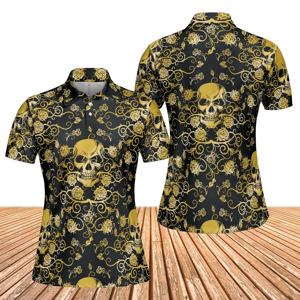 Gold Skulls And Roses Women's Polo Shirt