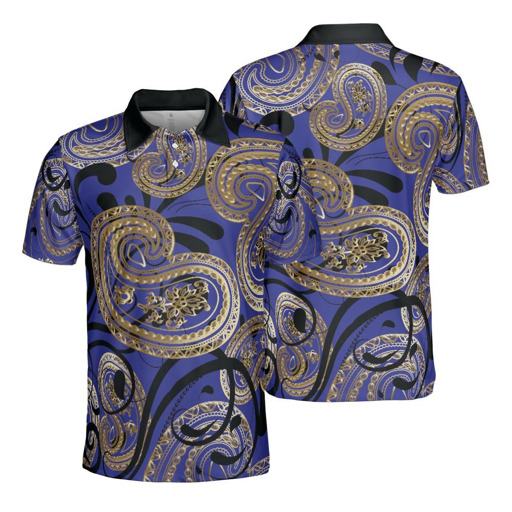 Blue And Gold Paisley Polo Shirt