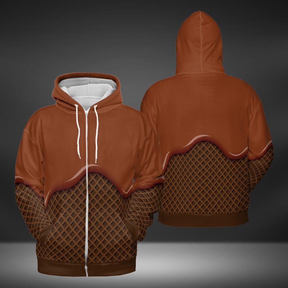 Chocolate Ice Cream On A Chocolate Waffle Cone Premium Unisex Zip Hoodie