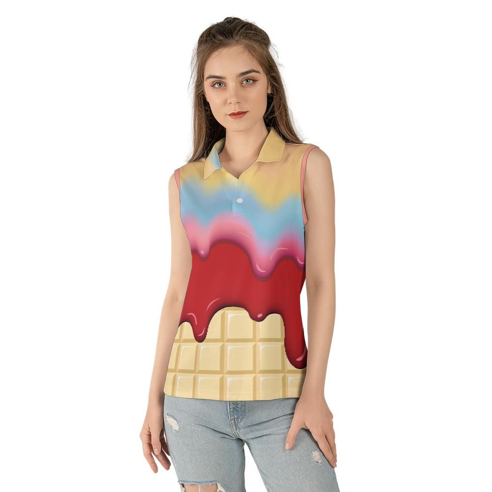 Rainbow & Strawberry Ice Cream On A White Chocolate Bar Women's Sleeveless Polo Shirt