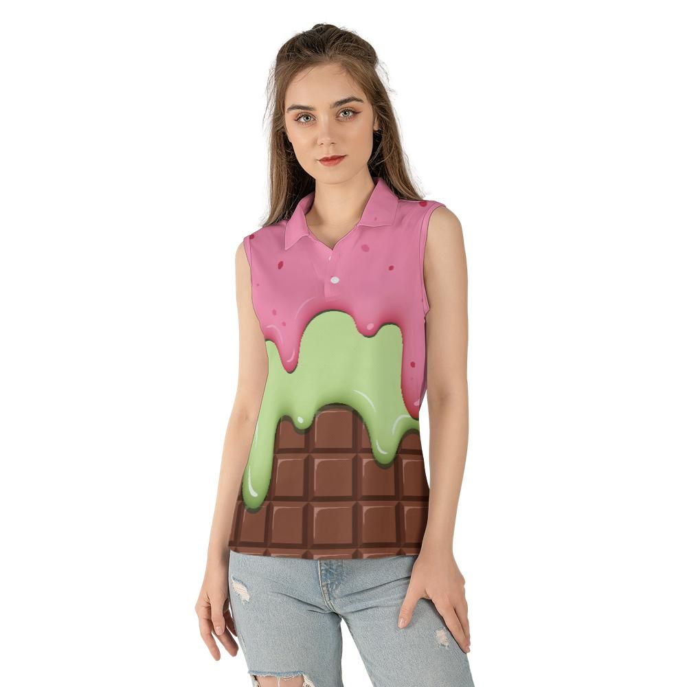 Strawberry Ice Cream & Key Lime Ice Cream On A Chocolate Bar Women's Sleeveless Polo Shirt