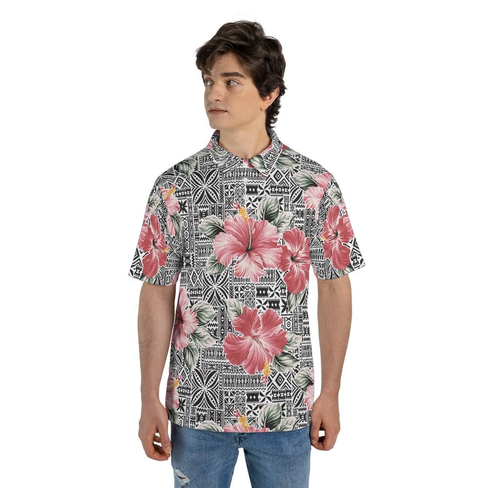 Hawaiian Tribal & Hibiscus Flowers Premium Polo Shirt