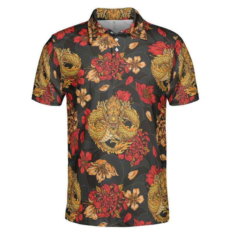 Golden Dragon & Red Flowers Premium Polo Shirt