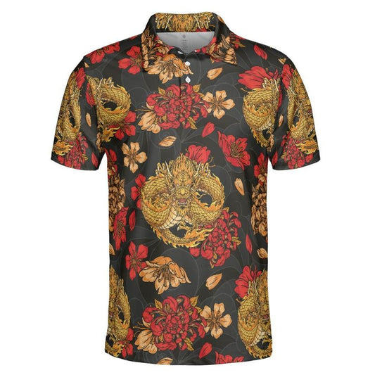 Golden Dragon & Red Flowers Premium Polo Shirt