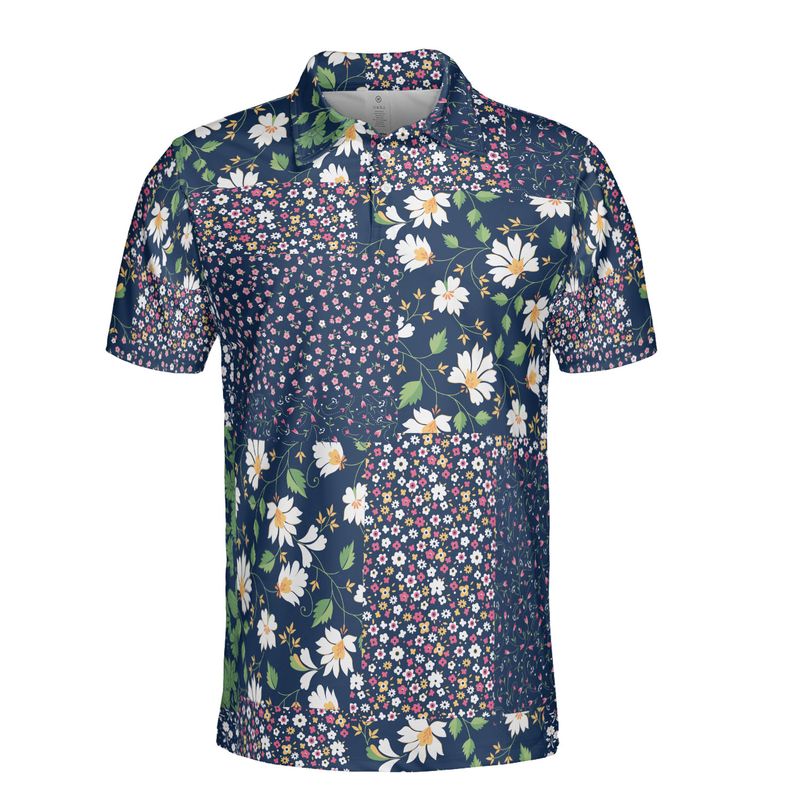 Navy Blue Floral Patchwork Polo Shirt