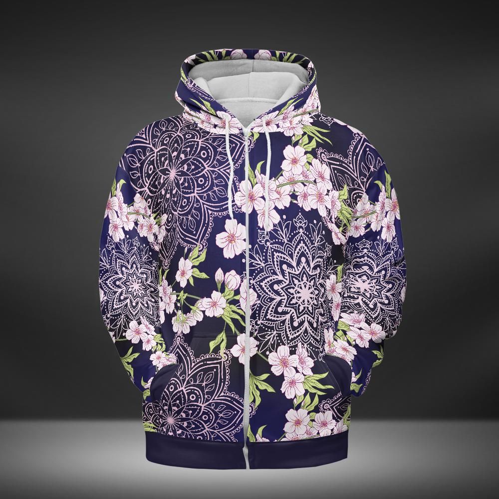 Cherry Blossoms And Mandalas Premium Unisex Zip Hoodie