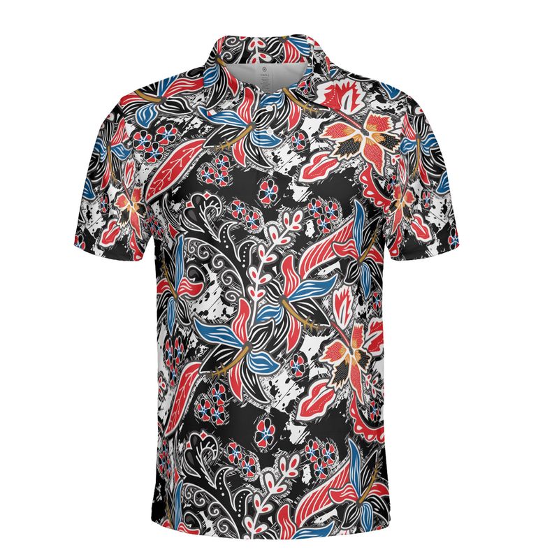 Blue Red & Black Floral Batik Polo Shirt