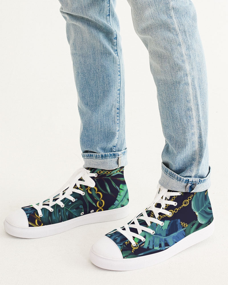 Tropical Leaves And Gold Chains Men's High Top Canvas Shoe