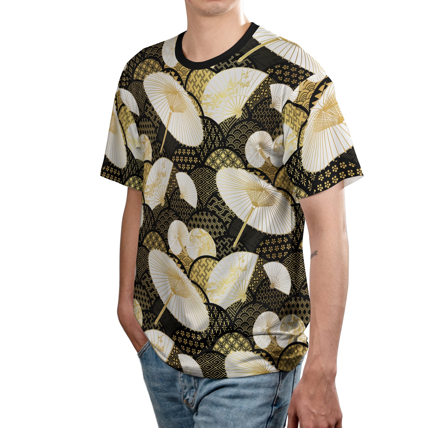 Black & Gold Fan Umbrella & Kimono Comfort T-shirt