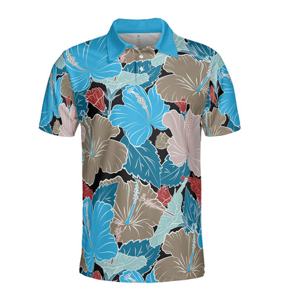 Blue & Grey Hibiscus Flowers Polo Shirt