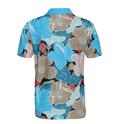 Blue & Grey Hibiscus Flowers Polo Shirt