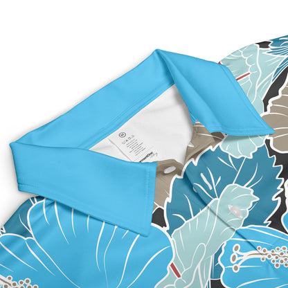 Blue & Grey Hibiscus Flowers Polo Shirt