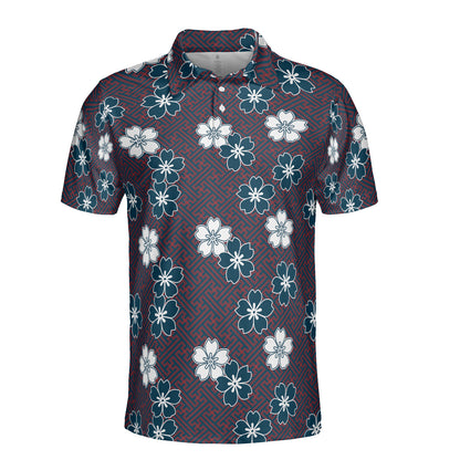 Blue & White Cherry Blossom Flowers Polo Shirt