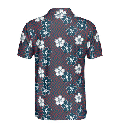 Blue & White Cherry Blossom Flowers Polo Shirt