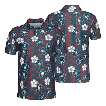 Blue & White Cherry Blossom Flowers Polo Shirt