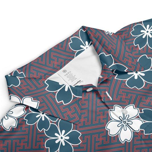 Blue & White Cherry Blossom Flowers Polo Shirt