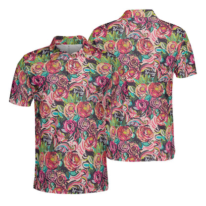 Colorful Sketched Peonies Polo Shirt