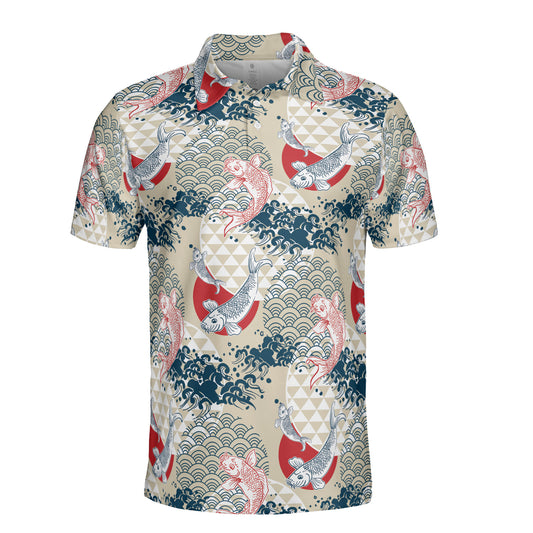 Cream Koi Fish & Asian Waves Polo Shirt