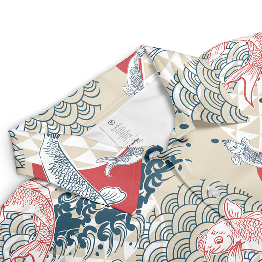 Cream Koi Fish & Asian Waves Polo Shirt