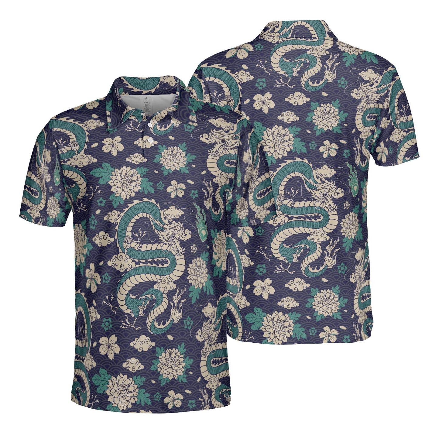 Green Dragon & Flowers Polo Shirt