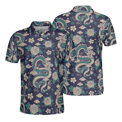 Green Dragon & Flowers Polo Shirt
