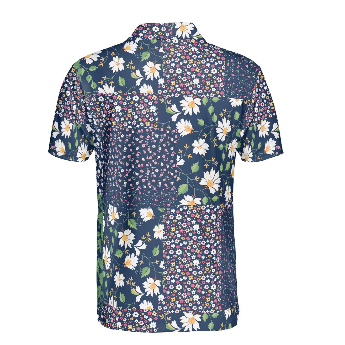 Navy Blue Floral Patchwork Polo Shirt