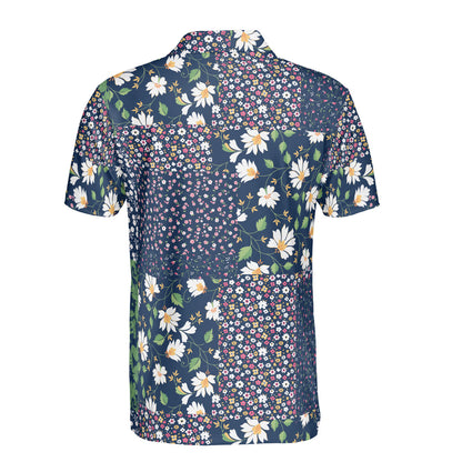 Navy Blue Floral Patchwork Polo Shirt