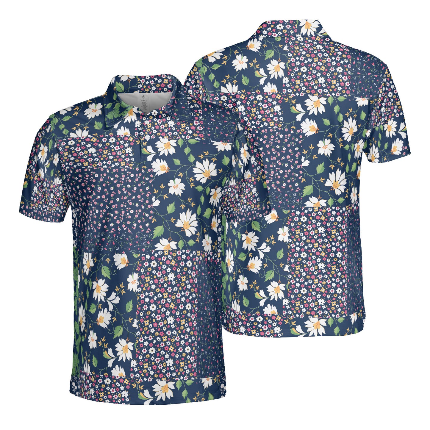 Navy Blue Floral Patchwork Polo Shirt