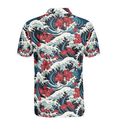 Ocean Waves & Red Flowers Polo Shirt