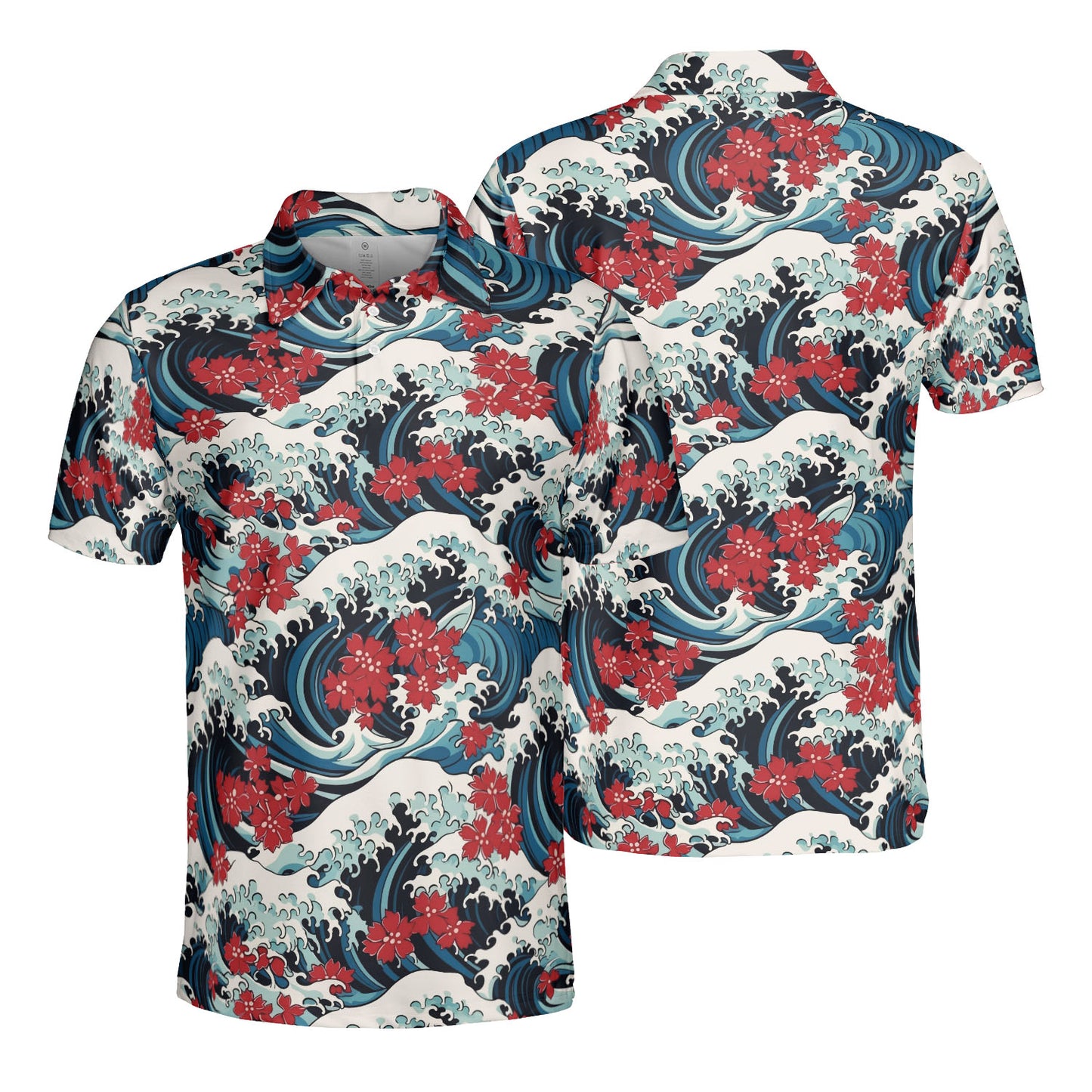 Ocean Waves & Red Flowers Polo Shirt