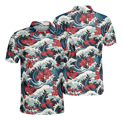 Ocean Waves & Red Flowers Polo Shirt