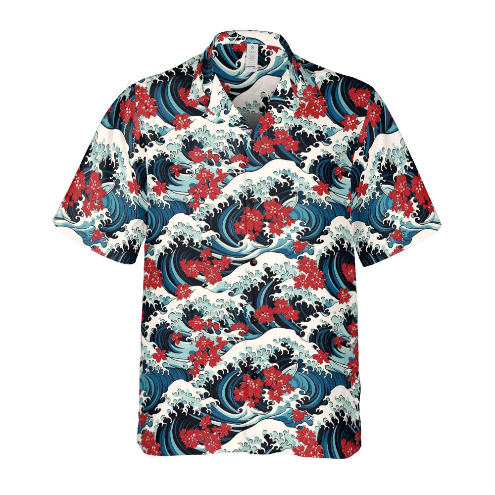 Ocean Waves & Red Flowers Button Up Shirt
