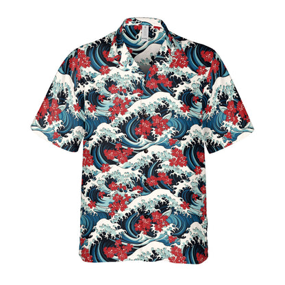 Ocean Waves & Red Flowers Button Up Shirt
