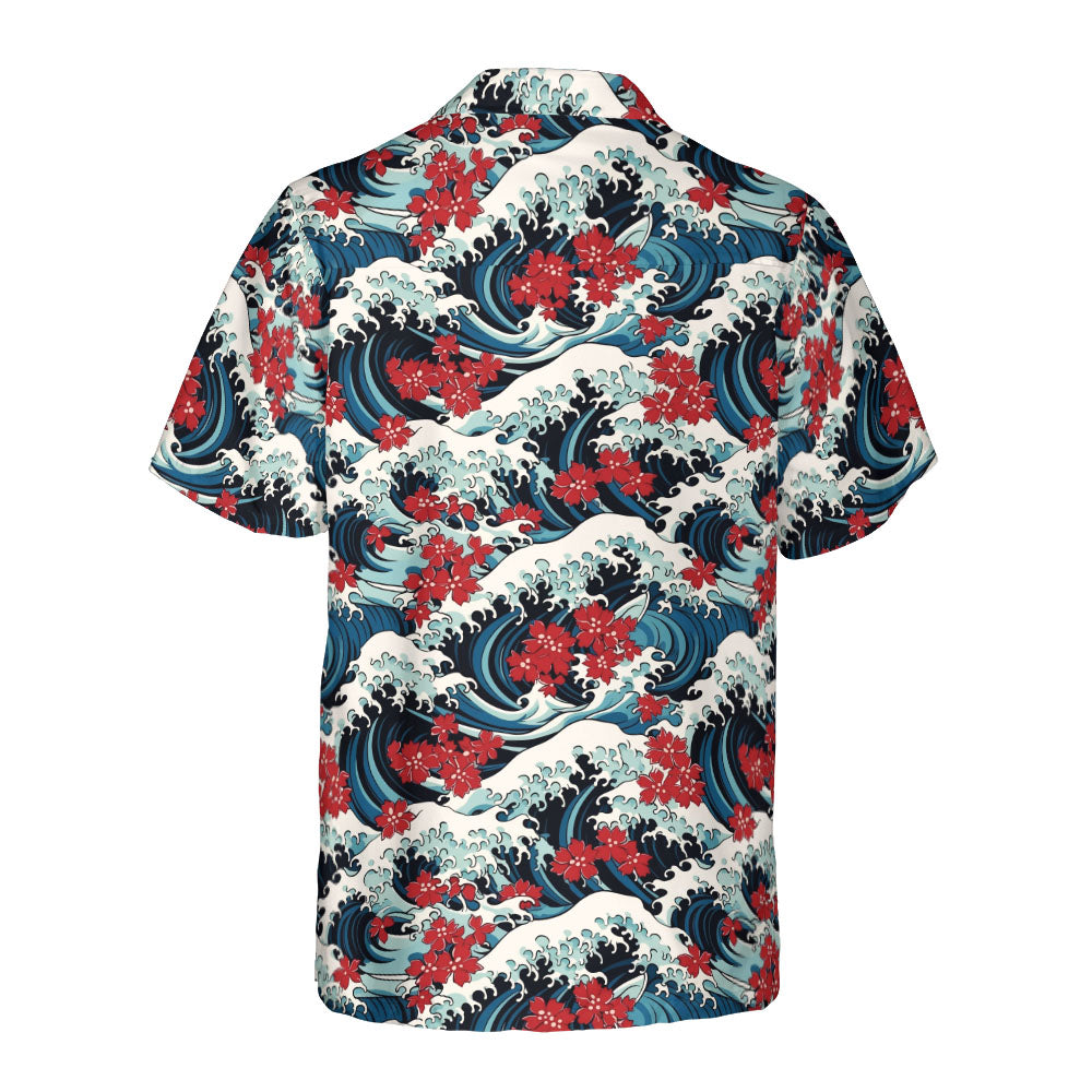 Ocean Waves & Red Flowers Button Up Shirt