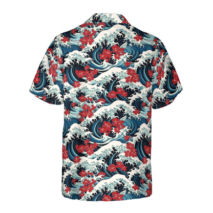 Ocean Waves & Red Flowers Button Up Shirt